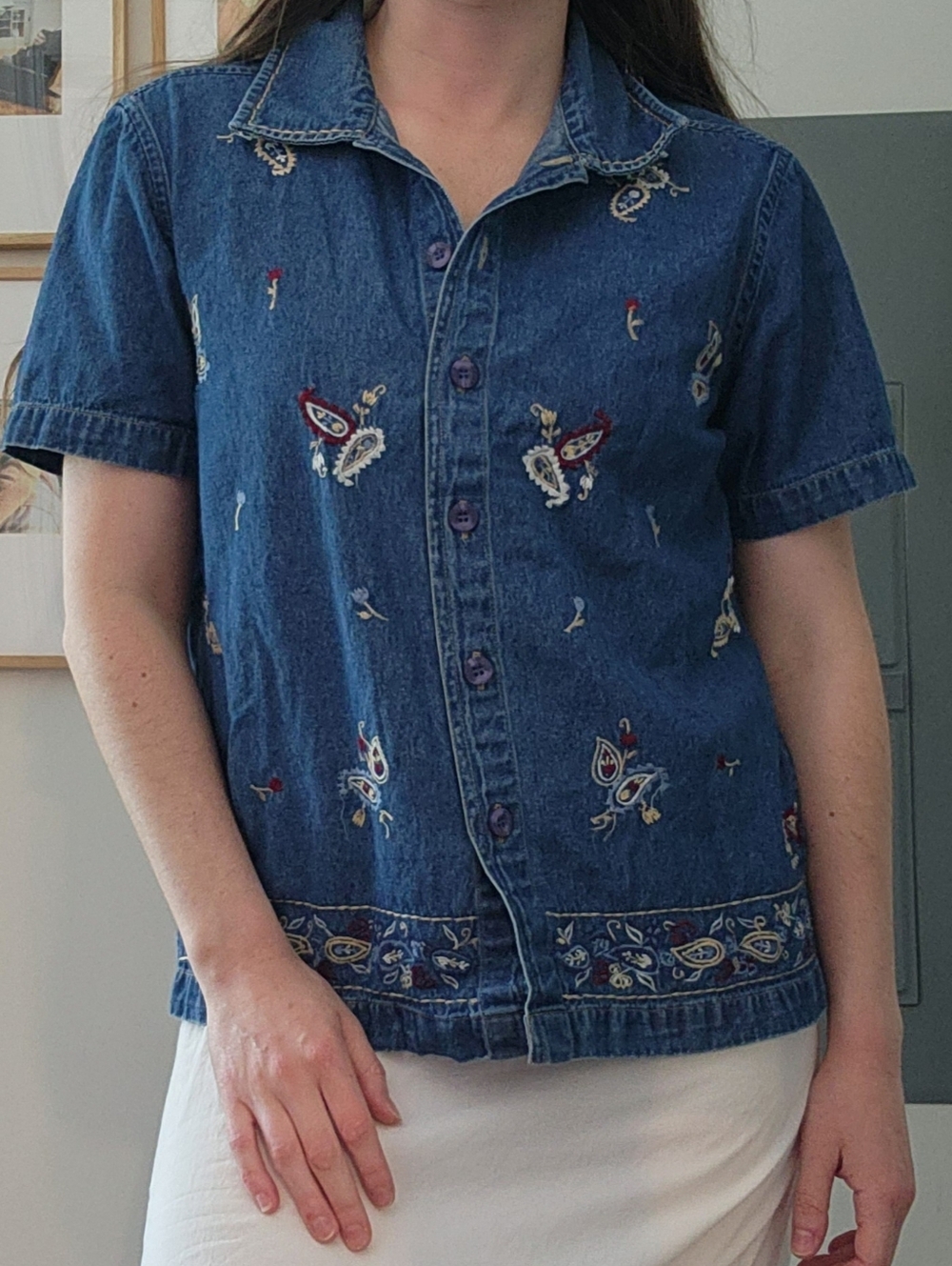 Vintage Paisley Embroidered Short-Sleeve Denim Button-Up Shirt